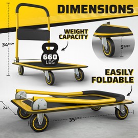 Heavy Duty Foldable Push Cart Dolly | 660 lbs. Capacity | Upgraded Collapsible Hand Truck Folding Platform with Swivel Wheels | Flat Bed Moving Wagon | Space Saving Push Handle (Yellow)