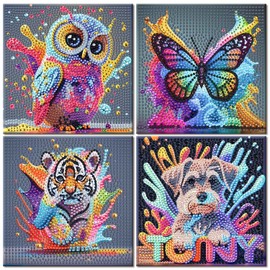 ShengDexin Pack of 4 Diamond Painting Children's Animals, Diamond Painting Pictures Children Creative Gifts for Girls and Boys 6 7 8 9 10 12 Years 15 x 15 cm