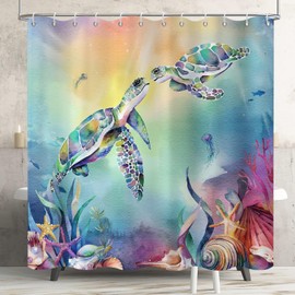 GCIREC Sea Turtle Shower Curtain, Teal Blue Sea Turtle Underwater Colorful Oil Painting Bathroom Curtain Waterproof Fabric 12 PCS Hooks, 72" Wx72 L