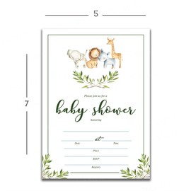 Set of 25 Safari animals baby shower invitations with envelopes. Boy or girl watercolor baby shower party invites featuring greenery, rhino, giraffe, elephant and lion. Simple and elegant theme