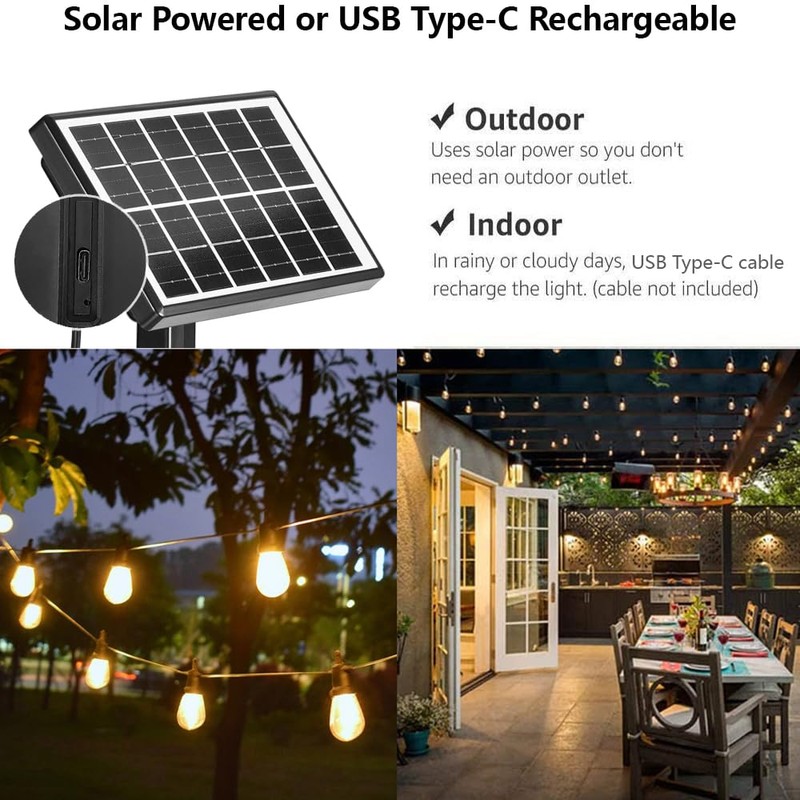 SUNTHIN 100ft Solar String Light Outdoor, USB Rechargeable Patio Solar