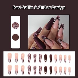 ANDGING Red Coffin Press on Nails Medium Long French Tip Glue on Nails for Women Fantasy Medium Fake Nails with Glitter Designs Glossy Manicure Stick on Nails for Wedding Gel Acrylic False Nails