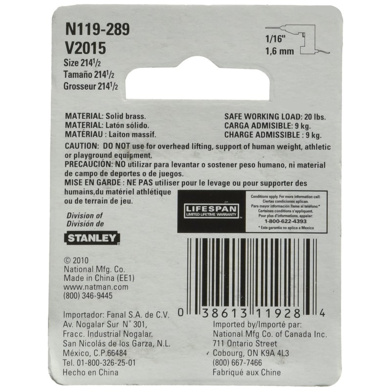 National Hardware N119-289 V2015 Screw Eyes - Solid Brass in