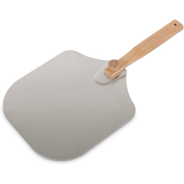 Aluminum Metal Pizza Peel, Pizza Paddle for Baking Homemade Pizza and Bread 12 Inch x 14 Inch with Foldable Wood Handle for Easy Storage, for Any Outdoor Or Indoor, Oven or Grill Use (Wood)