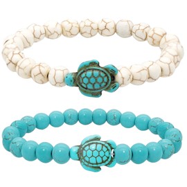 Rumnoke Turtle Bracelet Nature Stone Beads Bracelets 2Pcs Turquoise Elastic Rope Bracelet for Women Turquoise White