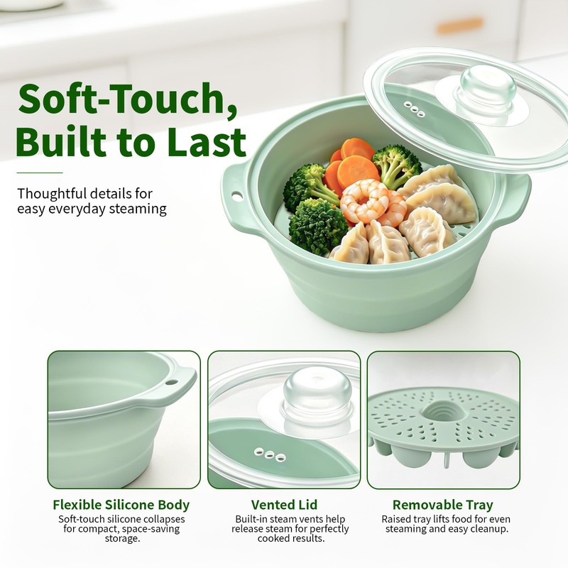 Collapsible Silicone Microwave Vegetable Steamer, 42oz Microwave Steamer with Lid