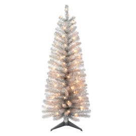 4.5 ft Pre-lit Silver Tinsel Tree, 160 Tips, 70 UL Clear Incandescent Lights