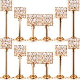 12 Pieces Crystal Candle Holders Set 3 Sizes Tall Crystal Wedding Candlestick Holders Pillar Candelabra Stand for Table Centerpieces for Christmas Party Wedding Dining Decoration (Gold)
