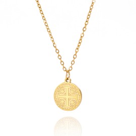 EUEAVAN Jerusalem Crusaders Cross Pendant Necklace Jerusalem Medallion Disc Greek Religious Medieval Jewelry Baptism Gift Women Men (gold)
