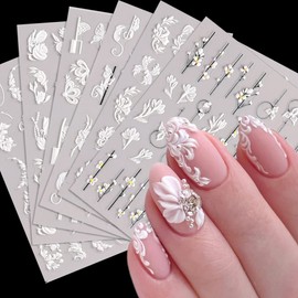 5D Flowers Nail Art Stickers - 6 Sheets Relief Flower Nail Decals Self-Adhesive - White Flowers, Butterfly - DIY Floral Nail Decorations for Women