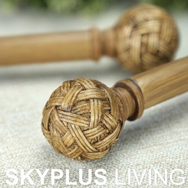 SKYPLUS LIVING Faux Wood Style Curtain Rod Set with Faux Rattan Look Finial, 36-72 inch, Standard Single Drapery Rod for 1 Pack, 1 inch diameter, Adjustable Length