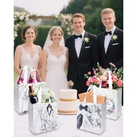 Liobelon 12pcs Elegant Wedding Gift Bags with Handles, Non-Woven Fabric Favor Bag for Bridal Shower, Wedding Guest Favors, Bachelorette Party, Rehearsal Dinner, 9.1x8.7x4.3 Inches