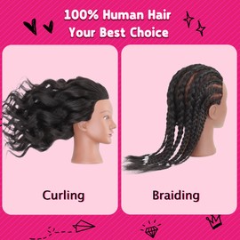 Mannequin Head with Human Hair 16" Cosmetology Manikin Doll Head 100% Real Human Hair for Styling Hairdresser Practice Braiding with Free Clamp Holder
