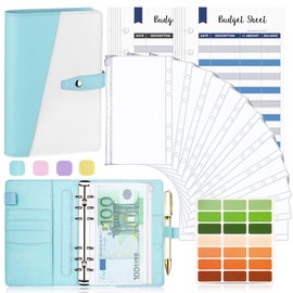 Taope Budget Planner, 6-Ring A6 Budget Binder, Money Organiser, with Soft PVC Pockets, Polyurethane (PU) Leather Notebook, Cash Envelopes, Household Expense Book with Money Compartments, Blue