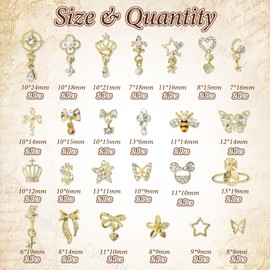 50 Pcs Gold Nail Charms, Gold Dangle Star Heart Bows Nail Charms and Gems Metal Bees Butterfly Crown Planet Cross Dollar Sign Golden Nails Art Supplies for Women DIY Accessories