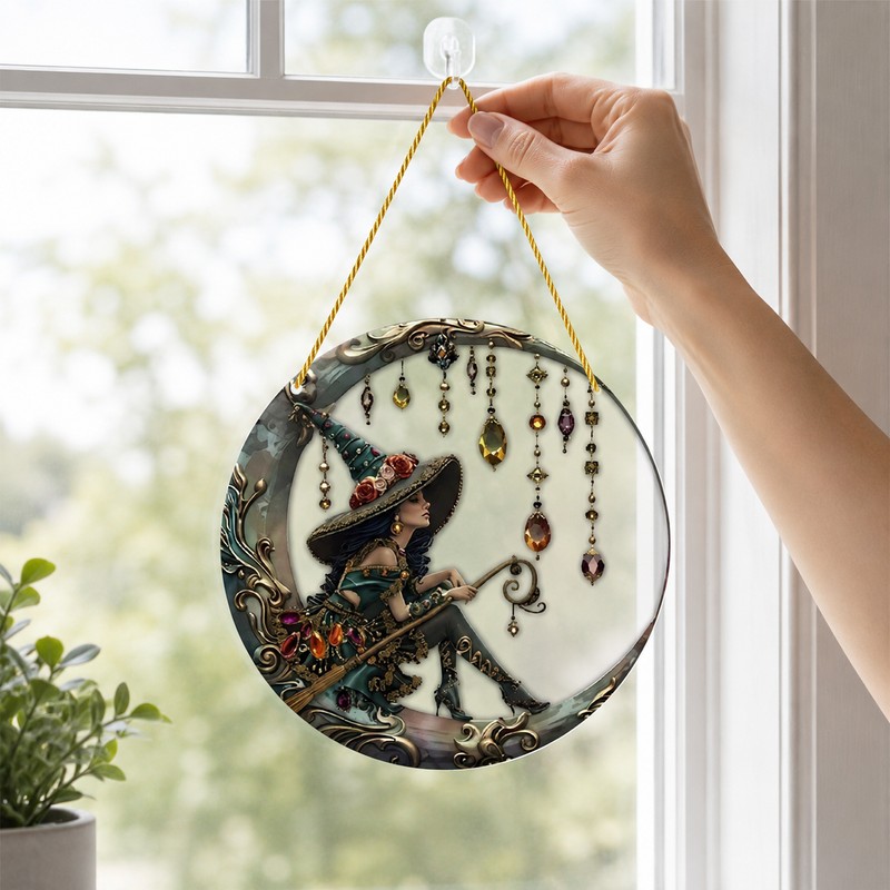 Moonlight Witch Acrylic Sun Catcher – 8-Inch Stained Glass Style
