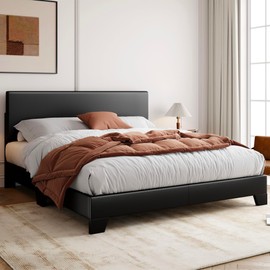 Allewie King Size Bed Frame with Adjustable Headboard, Faux Leather Platform Bed with Wood Slats, Heavy Duty Mattress Foundation, No Box Spring Needed, Noise-Free, Easy Assembly, Black