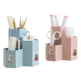 TNDCKP Plastic Desk Pen Organizer with 3 Slots, Dual-Purpose Art Supply Pencil Cup/Cute Pencil Holder for Office, School, Home (blue/pink)