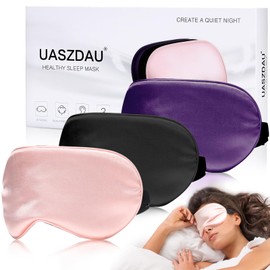 Uaszdau Sleep Mask Silk Eye Mask for Sleeping, Super Soft Blackout Eye Mask for Women Men, Side Sleeper Eye Covers for Sleeping with Adjustable Straps, Travel Eye Mask, 3 Pack
