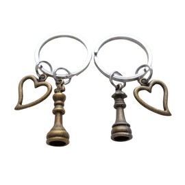 JewelryEveryday Bronze Chess Piece Charm Keychains with Heart Charms, King and Queen Set - Couples Keychain Set