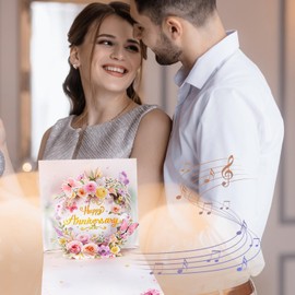 Popupalooza Anniversary Card | 3D Pop Up Light & Music Anniversary Cards with Gold Flowers | Blank Note Card & Envelope Included | Plays Cheerful Song | Gifts for Him Her Husband Wife Couple