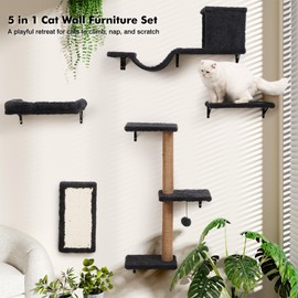 5-in-1 Cat Wall Shelves, Multi-Level Cat Climbing Furniture, Perch & Lounge for Indoor Cats, Space-Saving Wall Mounted Cat Shelves for Play & Rest (Natural Wood) - Gray