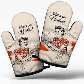 Funny Vintage Lady Cooking and Baking BBQ Kitchen Gadgets with Heat Resistant Silicone Non-Slip, Let's Get Baked Oven Mitts Set of 2, Gifts for Bake Lover Bakers Mom Wife Sister BFF
