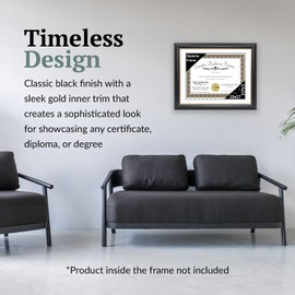 Creative Picture Frames 13" x 17" Rockefeller Black with Gold Rim Diploma Frame, Displays 13" x 17" Certificate or 16" x 20" Document without Mat, College Degree Frame, Full-Strength Glass, White Mat