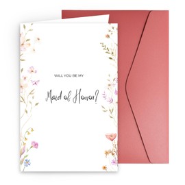 Will You Be My Maid of Honor Proposal Card - Elegant Floral Bridesmaid Invite Ask Friend Sister - Wedding Party MOH Gifts Idea with Red Envelope & Seal WDMAID1R
