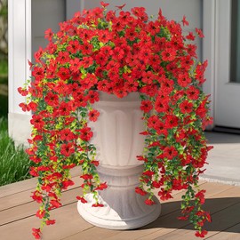 Hrobek Artificial Fake Hanging Plants Flowers for Spring Outdoor Outside Decor, Faux Mums Silk Realistic Flower, 2 Pcs UV Resistant Look Real Plastic Decorations for Porch Home Patio Balcony Yard