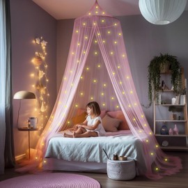 Pink Canopy for Girls Bed with Pre-Glued Glow in The Dark Stars - Princess Mosquito Net Room Decor - Kids & Baby Bedroom Tent with Galaxy Lights - 1 Opening Canopy Bed & Hanging Kit Included