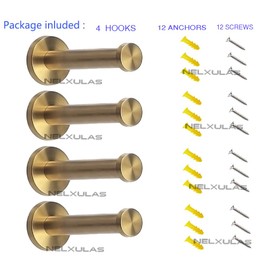NELXULAS Golden Brushed Stainless Steel Single Heavy Duty Wall Mount Hook, Bath Towel Hooks, Robe Hooks, Coat Hanger, 4 PCS (8 inch)