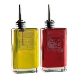 Luigi Bormioli Optima - Set of Oil and Vinegar Glass Dispensers - Stainless Steel Pourer Spouts - Set of 2 8.5 Oz Dispenser Bottles for Kitchen, Made in Italy.