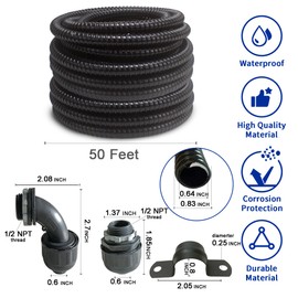 (1/2" Dia * 50 Feet) Yariwiz Black Special Extra Flexible Electrical Conduit Liquid Tight PVC Conduit Kit with 5 PCS Coupling, 3 PCS Elbow and 10 PCS Strap, Sealtight Seal Flex Liquidtight Wire