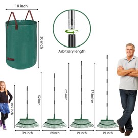 Rake,73 Inch Garden Leaf Rake Set, Wide Heavy Duty Leaves Raking Tools with 25 Metal Tines,2 Leaf Collector Bags, Leaf Grabbers, Work Gloves, Yard Garden Thatching Rakes for Lawn Flower Bed Grass