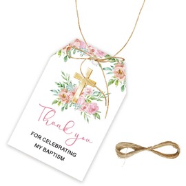 50pcs Baptism Thank You Tags, God Blessed Gift Tag with String for First Communion Party, Baptism Thank You Paper Tags for Christening/Mi Bautizo Party Favors