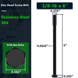 3/8-16 x 6 (6 Sets) Hex Bolts & Nuts Kit with Flat and Spring Washer, 304 Stainless Steel 18-8, Black Coated, Heavy Duty Bolts for Automobile, Industrial Project