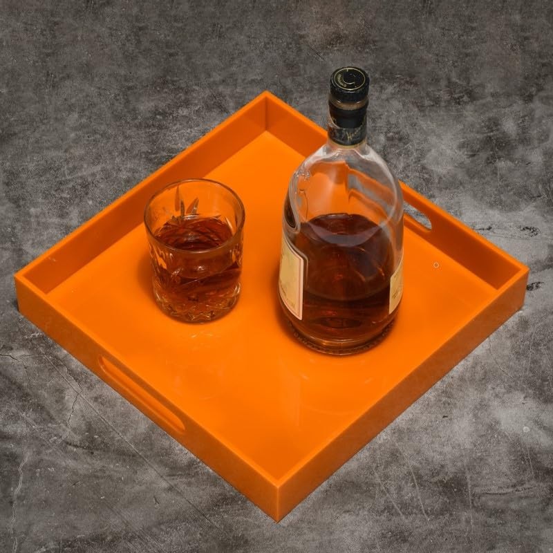 KEVLANG Orange Sturdy Acrylic Serving Tray with Handles-12x12Inch-Serving Coffee,Food,Breakfast,Butler-Kitchen Countertop