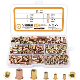 VIGRUE 150pcs #8-32#10-24 1/4"-20 5/16"-18 3/8"-16 Carbon Steel UNC Rivet Nuts Assortment Kit, Yellow Zinc Plated Finish, Flat Head Threaded Insert Nut Assort