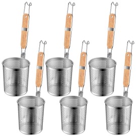 Tessco 6 Pcs Pasta Cooker Stainless Steel Pasta Basket with Wood Handle Kitchen Mesh Spider Pasta Strainer Skimmer Food Dumpling Noodle Strainer Blanching Basket for Pasta (Light Wood Color,5.2 Inch)