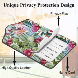 Beautiful Pastel Vintage Cactuses 2 Pack PU Leather Luggage Tags with Stainless Steel Loop, Watercolor Roses Travel Labels with Privacy Cover ID Label for Quick Spotting