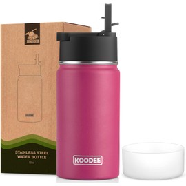 Koodee Water Bottle-12 oz Stainless Steel Double Wall Vacuum Insulated Wide Mouth Flask with Leakproof Straw Lid （Rose Red）
