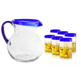Hand Blown Blue Mexican Drinking Glasses and Pitcher – Set of 6 with Mexican Blue Rim Design (14 oz each) and Pitcher (84 Ounces) Mexico Cobalt Blue Carafe Designs Margarita and Lemonade