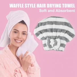 VOCOSTE Coral Fleece Hair Drying Towel Dry Cap, Adult Hair Drying Towel, Lightweight Strong Absorbent, for After Bath Drying Hair, Gray and White