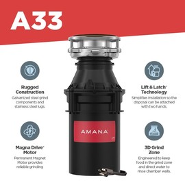 Amana A33 W/C Garbage Disposal with Power Cord, 1/3 HP, Black