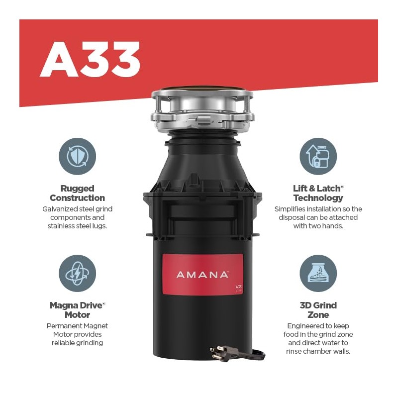 Amana A33 W/C Garbage Disposal with Power Cord, 1/3 HP,