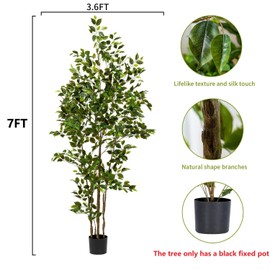 Bailikang Artificial Ficus Tree Indoor 7ft, Large Potted Faux Tree with Realistic Silk Leaves & Trunk for Home Office, Living Room Corner Decor