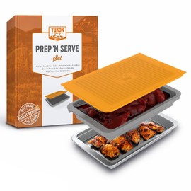 PREP ‘N Serve Premium Set™ - Plastic Container with Lid for Marinades, Stainless Steel Serving Tray, Aluminum Defrosting Tray, and a Plastic Cutting Board - The Ultimate BBQ Food Prep Utensil Set