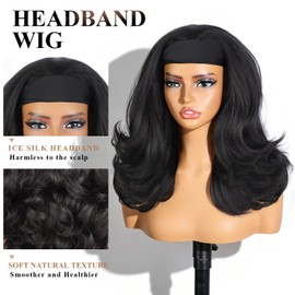 N NAYASA Yaki Curly Headband Wigs for Black Women 18 Inch Black Synthetic Layered Wig Curly Ends Wear and Go Glueless Kinky Straight with Headband Attached for Daily Wear
