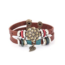 Morella Women's Leather Bracelet Brown Double with Rings Leaf and Flower, Leather, Without Stone